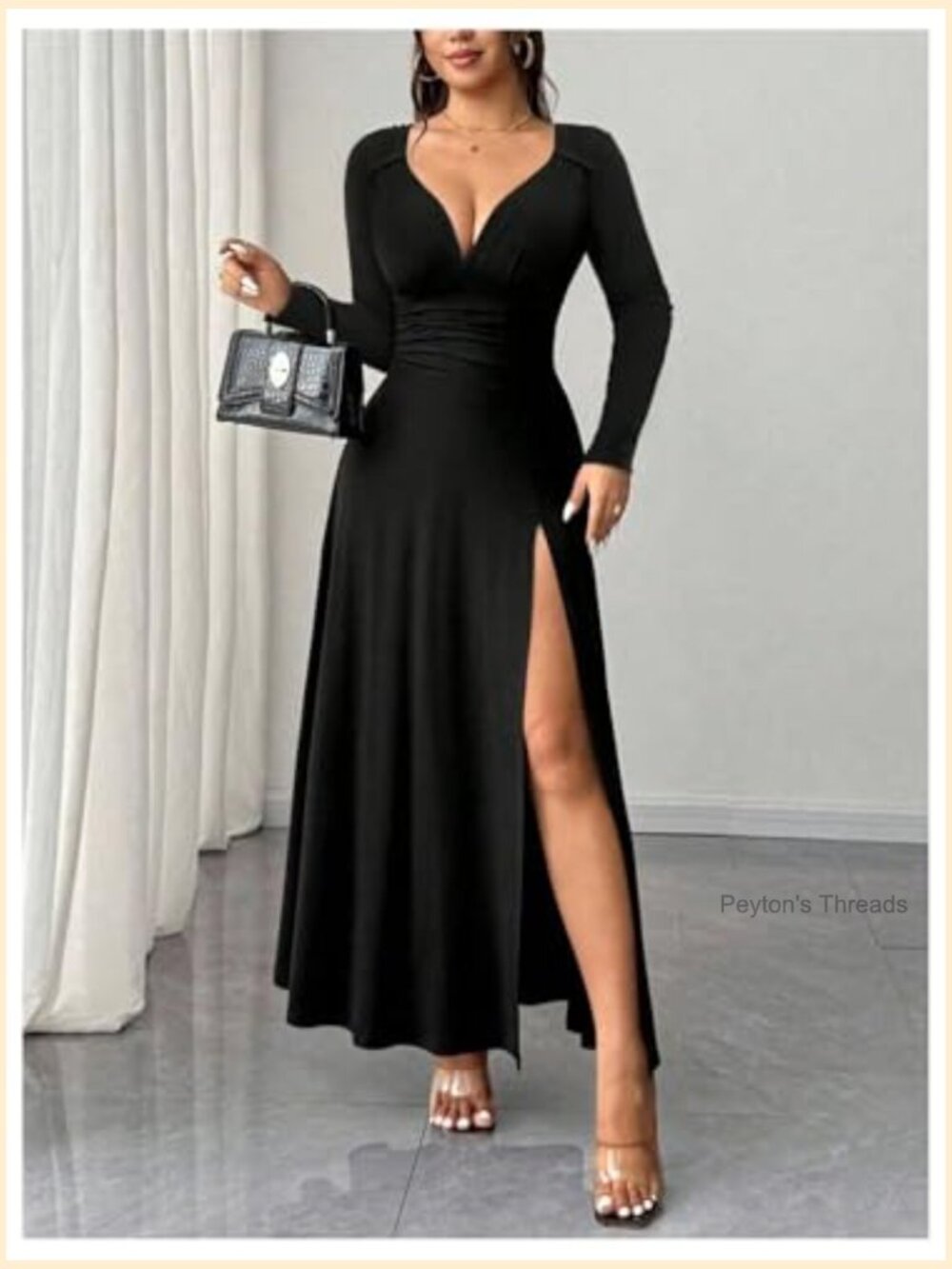 Long Sleeve Drop Waist Maxi Dress Deep V Neck High Split Party Formal - Picture 4 of 5
